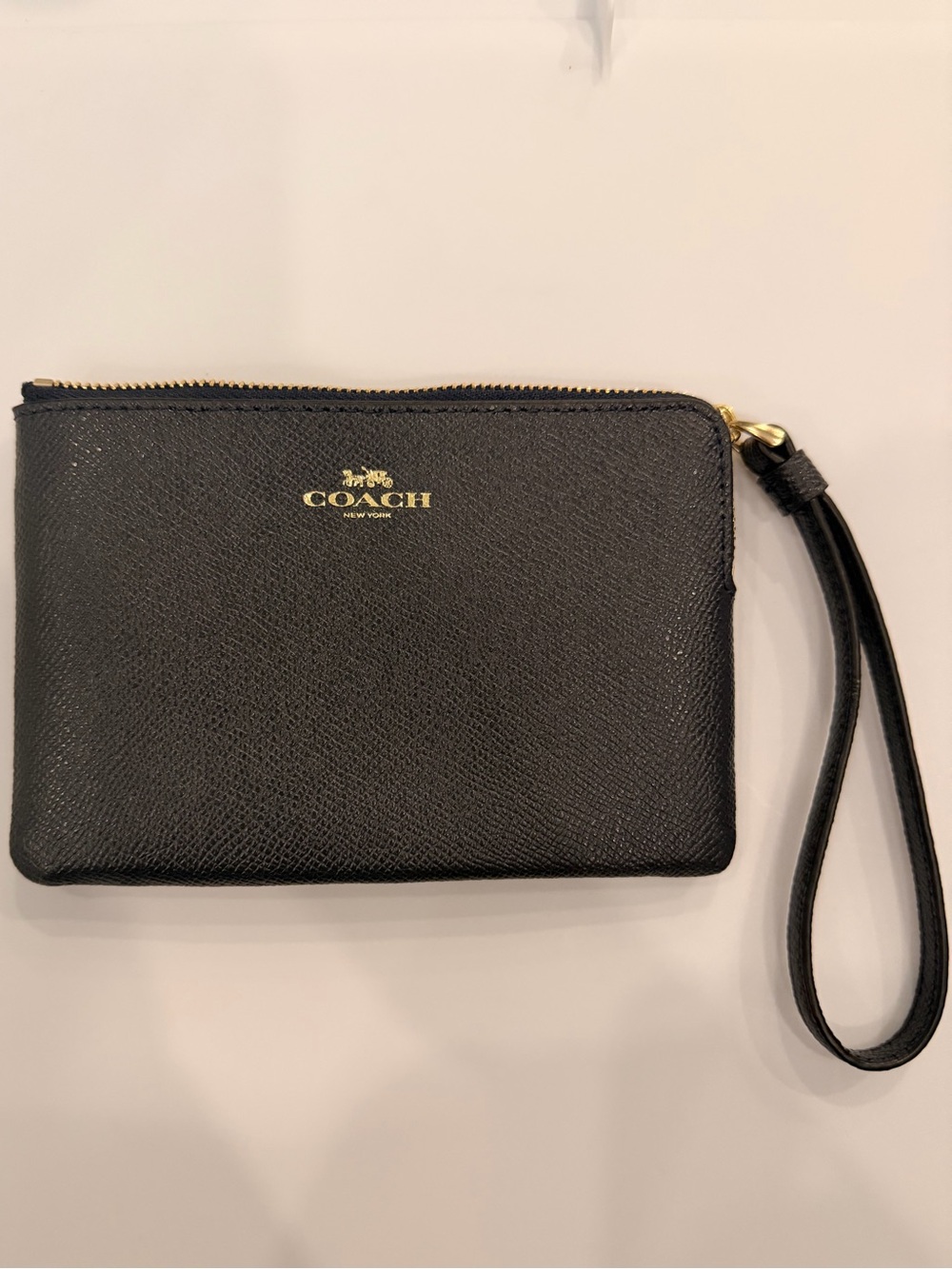 Coach Corner Zip Black Leather Wristlet with Gold Logo